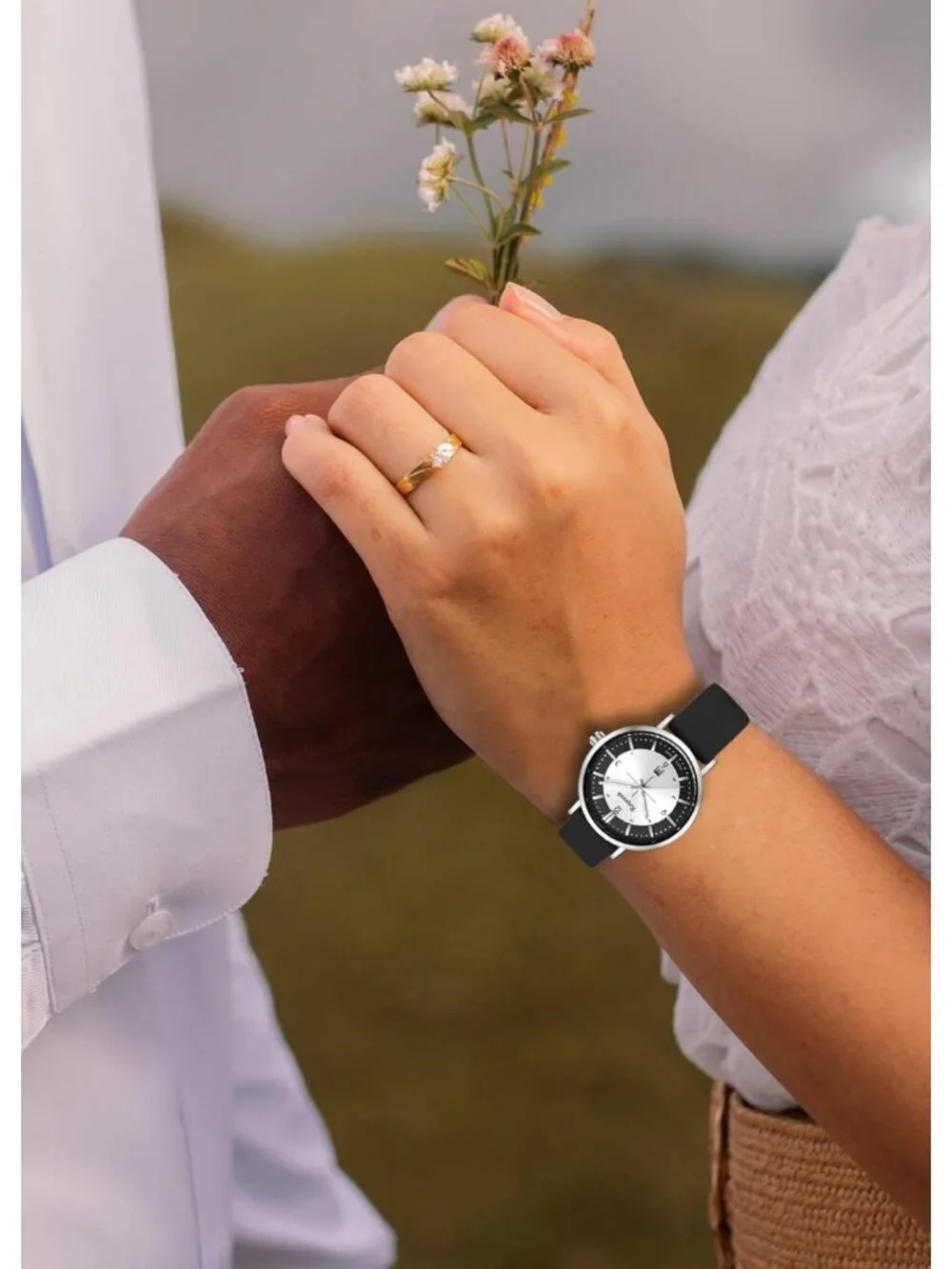 Women Black Silver Analog Quartz Silicone Band Calendar Date Display Wrist Watch